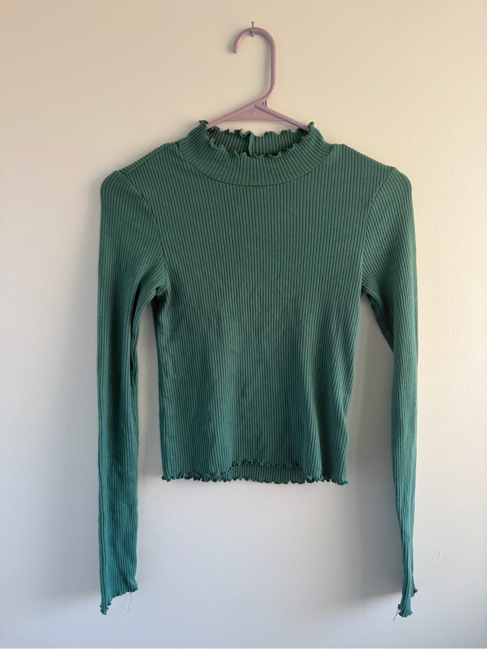 American Eagle Outfitters Ribbed Mock Ruffle Long Sleeve Top - Sage Green